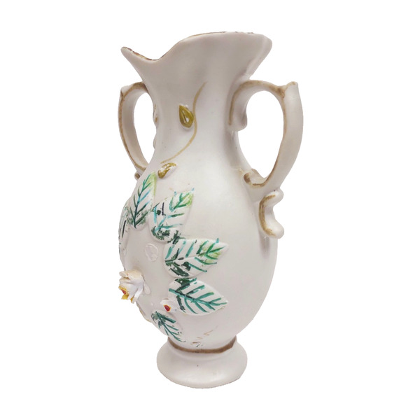 Vintage Bisque Porcelain Handled Raised Flower Vase 7" Hand Painted Gold Trim - Picture 2 of 9